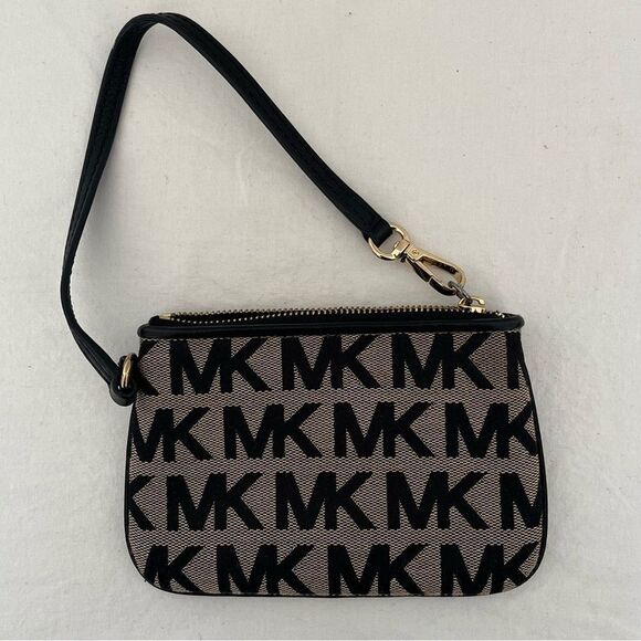 Set of 2 MK Michael Kors Jet Set Signature Logo Wristlet Mini Bag Black Taupe - Picture 6 of 9